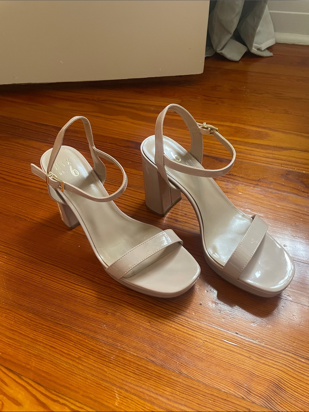 Mix No. 6 Nude Patent Block Heel Sandals with Ankle Strap